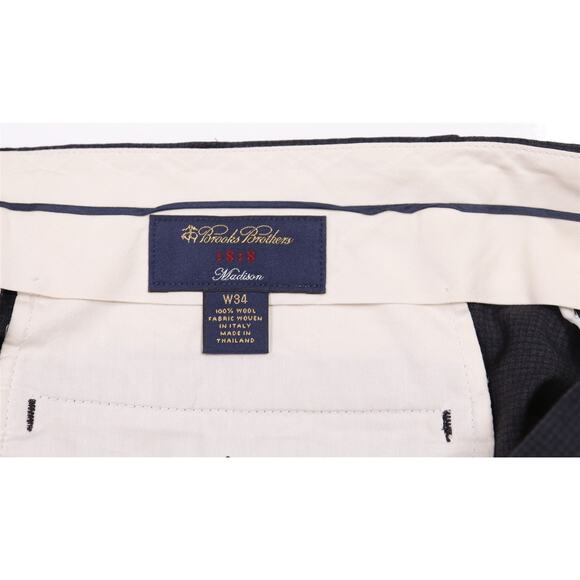 Brooks Brothers Madison Navy Blue Check Reda Wool Flat Front Dress Pants 34x27 - Picture 6 of 8